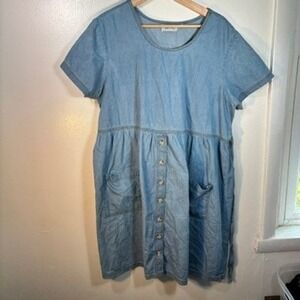 Vintage Denim Babydoll Dress Women Sz XL Blue Short Sleeve Cottagecore Empire
